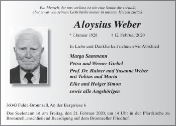 Traueranzeige von Aloysius Weber von FZ