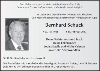 Traueranzeige von Bernhard Schuck von FZ
