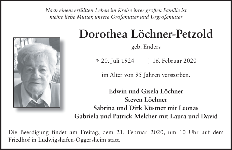 Traueranzeige für Dorothea Löchner-Petzold vom 20.02.2020 aus FZ