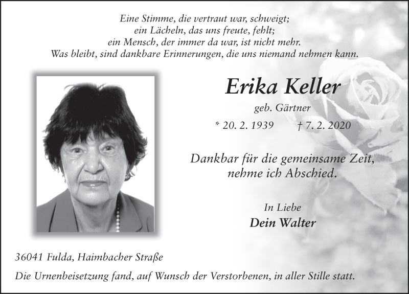  Traueranzeige für Erika Keller vom 26.02.2020 aus FZ