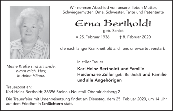 Traueranzeige von Erna Bertholdt von FZ