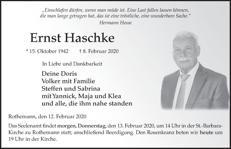  Traueranzeige für Ernst Haschke vom 12.02.2020 aus FZ