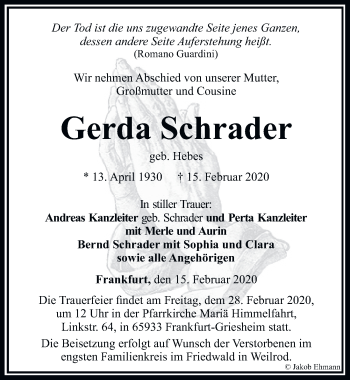 Traueranzeige von Gerda Schrader von FZ