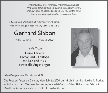 Traueranzeige von Gerhard Slabon von FZ