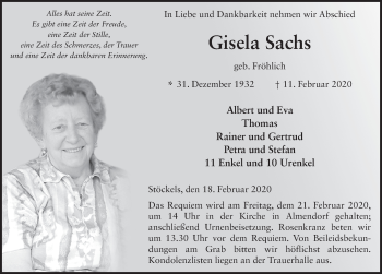 Traueranzeige von Gisela Sachs von FZ