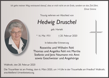 Traueranzeige von Hedwig Druschel von FZ