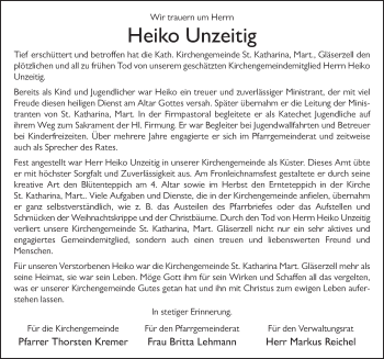Traueranzeige von Heiko Unzeitig von FZ
