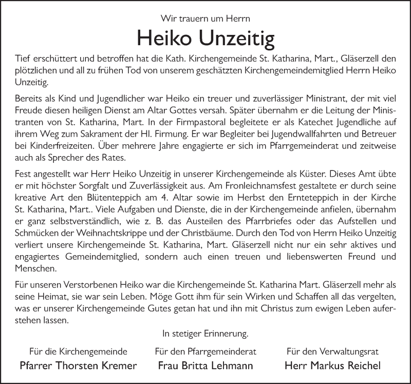  Traueranzeige für Heiko Unzeitig vom 29.02.2020 aus FZ