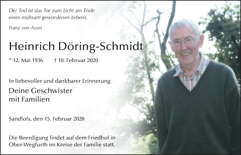  Traueranzeige für Heinrich Döring-Schmidt vom 15.02.2020 aus FZ