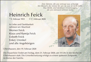 Traueranzeige von Heinrich Feick von FZ
