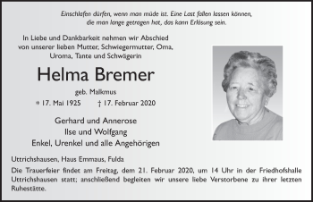 Traueranzeige von Helma Bremer von FZ