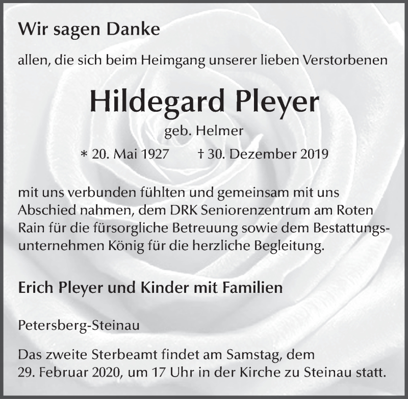  Traueranzeige für Hildegard Pleyer vom 28.02.2020 aus FZ