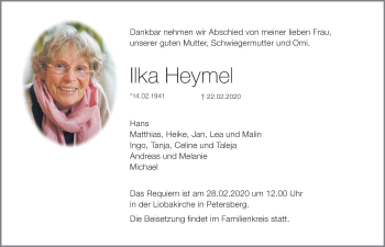 Traueranzeige von Ilka Heymel von FZ