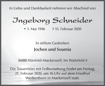 Traueranzeige von Ingeborg Schneider von FZ