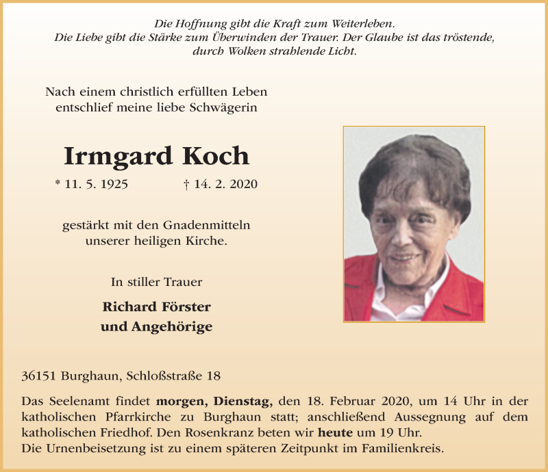  Traueranzeige für Irmgard Koch vom 17.02.2020 aus FZ