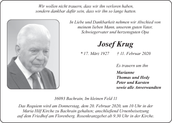 Traueranzeige von Josef Krug von FZ
