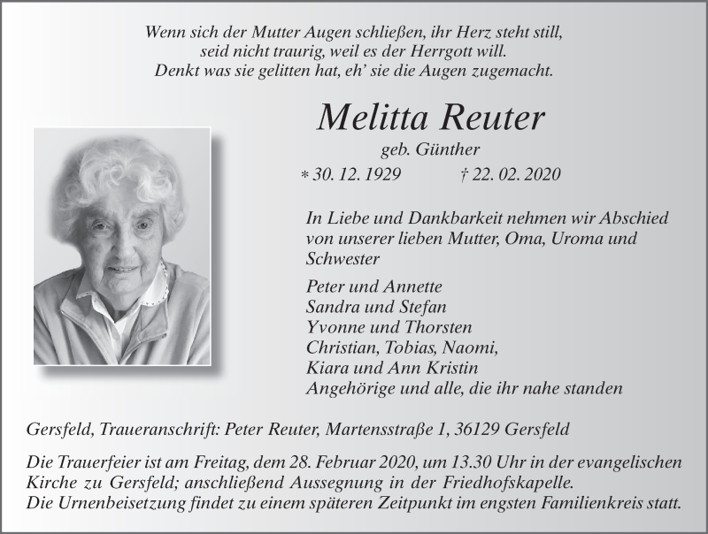  Traueranzeige für Melitta Reuter vom 26.02.2020 aus FZ