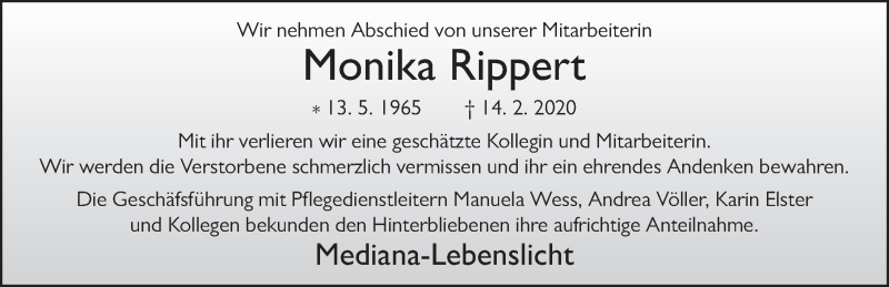  Traueranzeige für Monika Rippert vom 21.02.2020 aus FZ