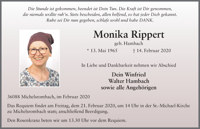  Traueranzeige für Monika Rippert vom 19.02.2020 aus FZ