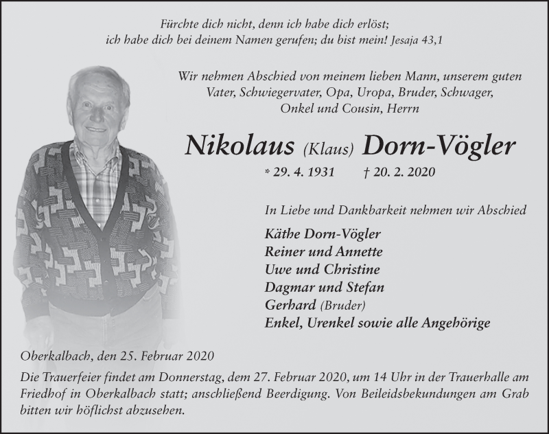 Traueranzeige für Nikolaus (Klaus) Dorn-Vögler vom 25.02.2020 aus FZ