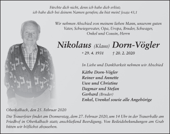 Traueranzeige von Nikolaus (Klaus) Dorn-Vögler von FZ