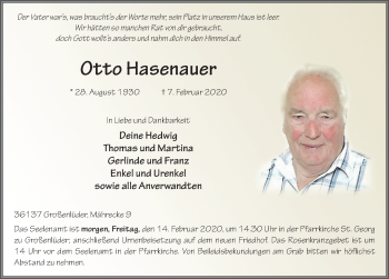 Traueranzeige von Otto Hasenauer von FZ