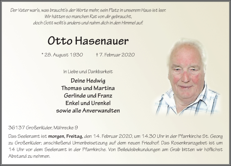 Traueranzeige für Otto Hasenauer vom 13.02.2020 aus FZ