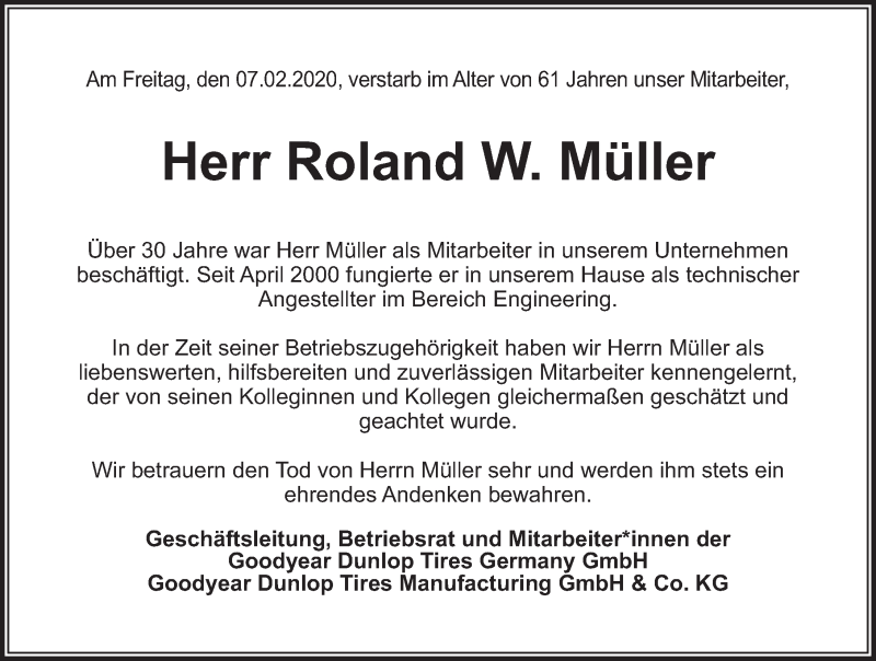  Traueranzeige für Roland W. Müller vom 15.02.2020 aus FZ