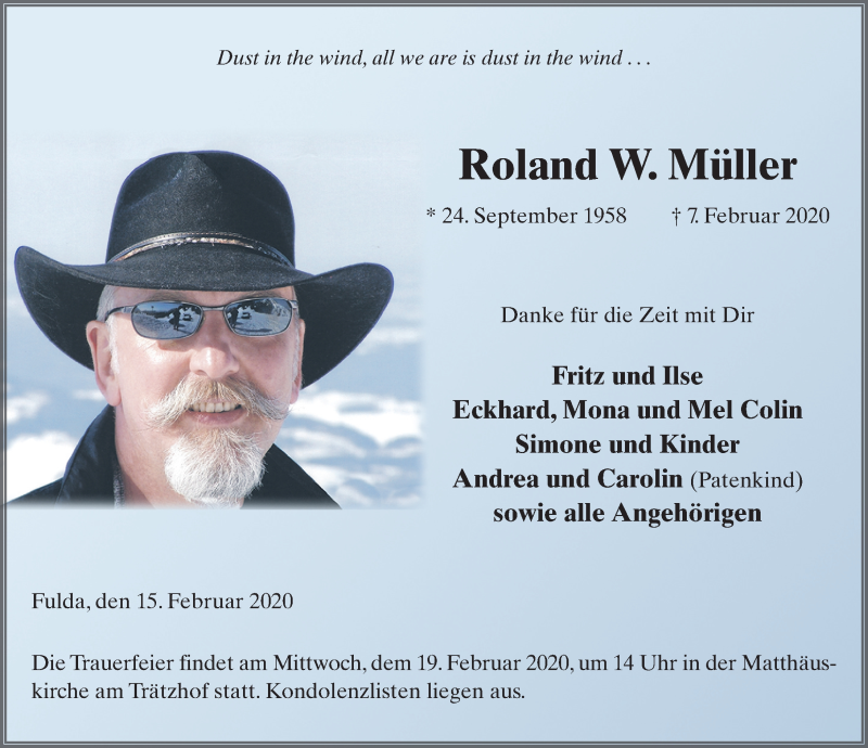  Traueranzeige für Roland W. Müller vom 15.02.2020 aus FZ