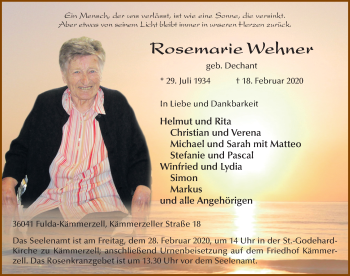 Traueranzeige von Rosemarie Wehner von FZ