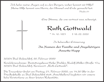 Traueranzeige von Ruth Gottwald von FZ