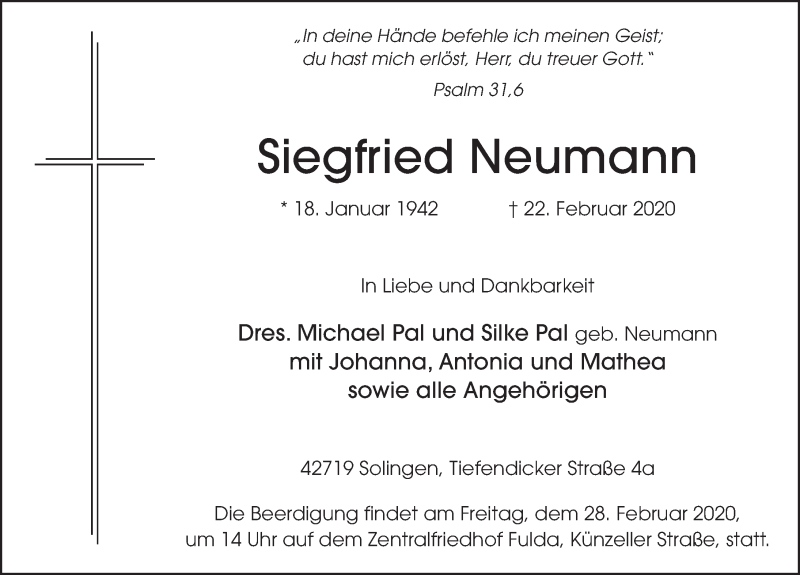  Traueranzeige für Siegfried Neumann vom 26.02.2020 aus FZ