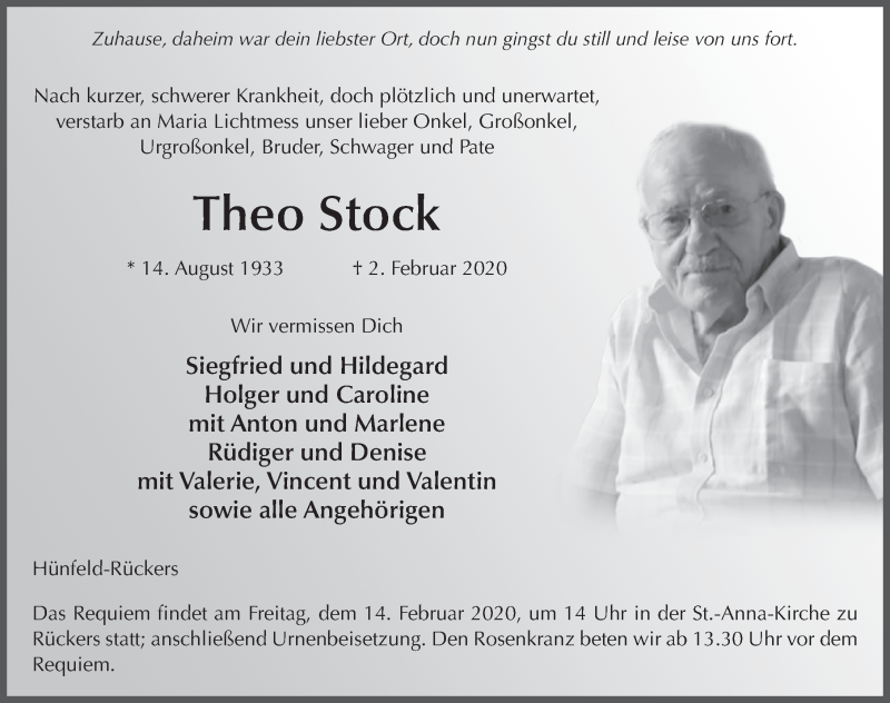  Traueranzeige für Theo Stock vom 11.02.2020 aus FZ
