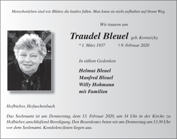 Traueranzeige von Traudel Bleuel von FZ