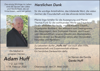 Traueranzeige von Adam Huff von FZ