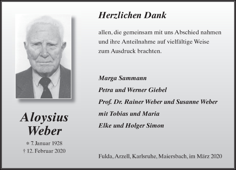  Traueranzeige für Aloysius Weber vom 28.03.2020 aus FZ