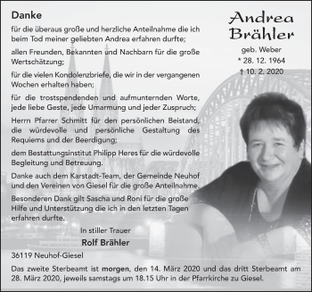 Traueranzeige von Andrea Brähler von FZ