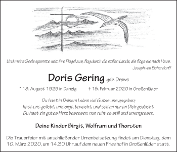 Traueranzeige von Doris Gering von FZ