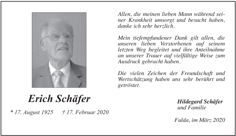  Traueranzeige für Erich Schäfer vom 06.03.2020 aus FZ