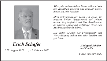 Traueranzeige von Erich Schäfer von FZ