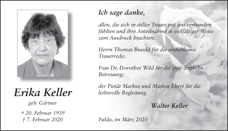  Traueranzeige für Erika Keller vom 21.03.2020 aus FZ
