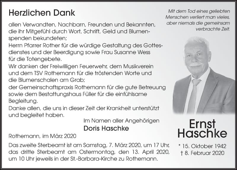  Traueranzeige für Ernst Haschke vom 06.03.2020 aus FZ