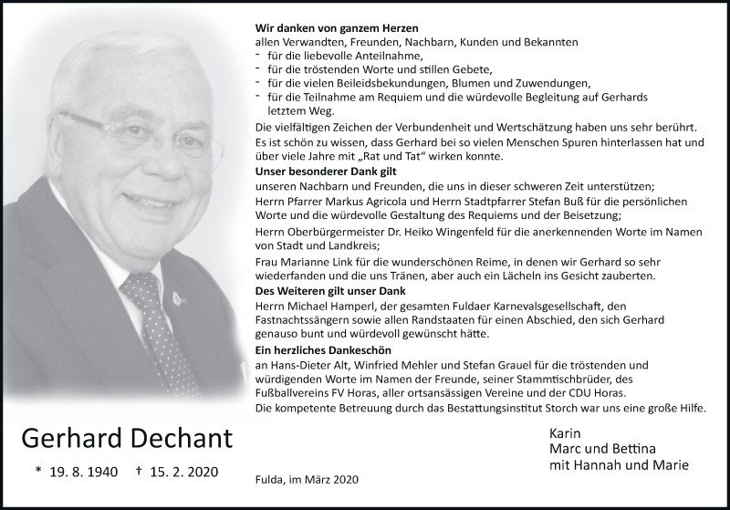  Traueranzeige für Gerhard Dechant vom 21.03.2020 aus FZ