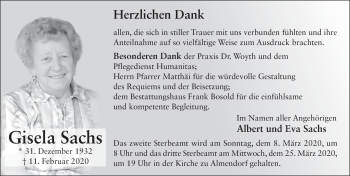 Traueranzeige von Gisela Sachs von FZ