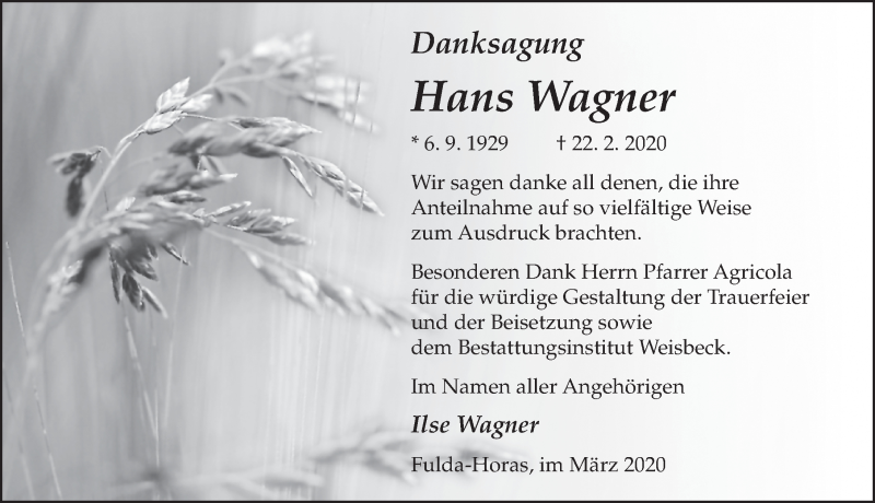  Traueranzeige für Hans Wagner vom 28.03.2020 aus FZ