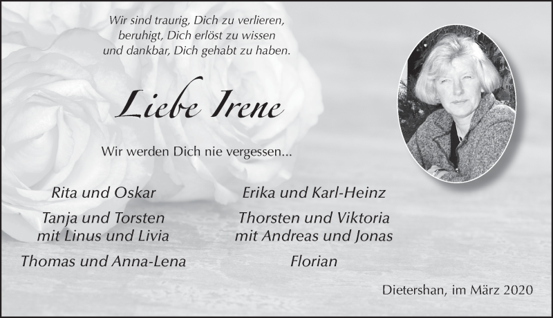  Traueranzeige für Irene Mihm vom 28.03.2020 aus FZ