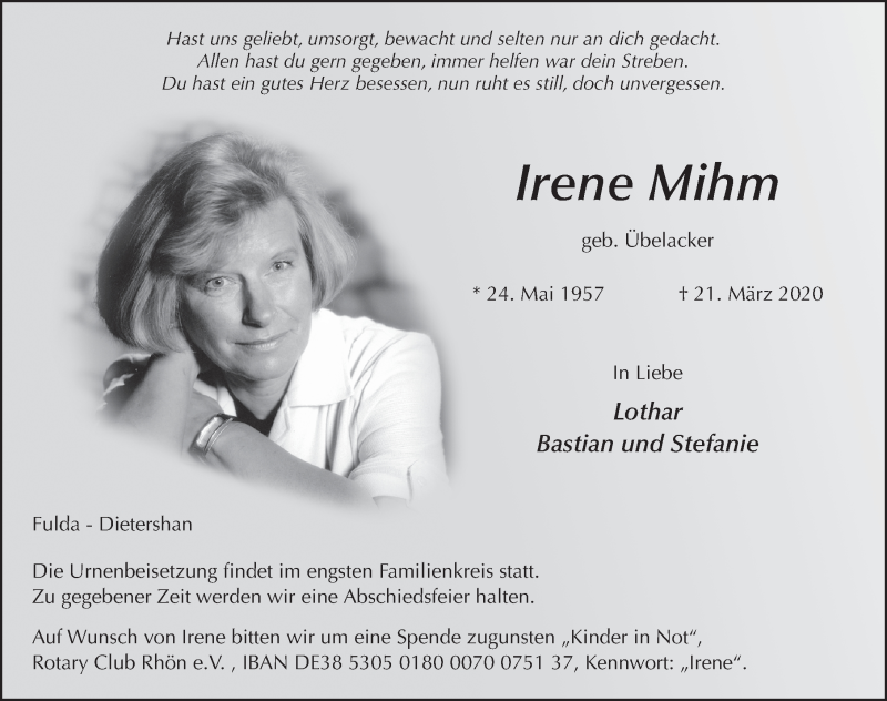 Traueranzeige für Irene Mihm vom 28.03.2020 aus FZ