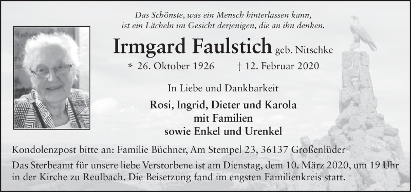  Traueranzeige für Irmgard Faulstich vom 07.03.2020 aus FZ