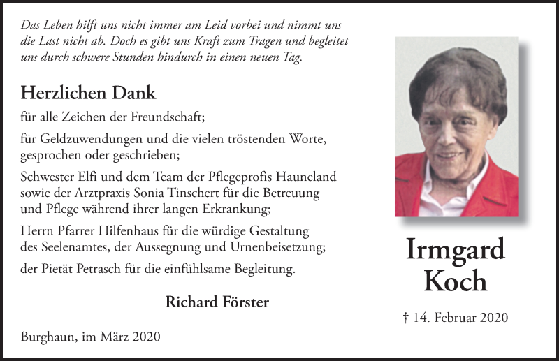  Traueranzeige für Irmgard Koch vom 06.03.2020 aus FZ