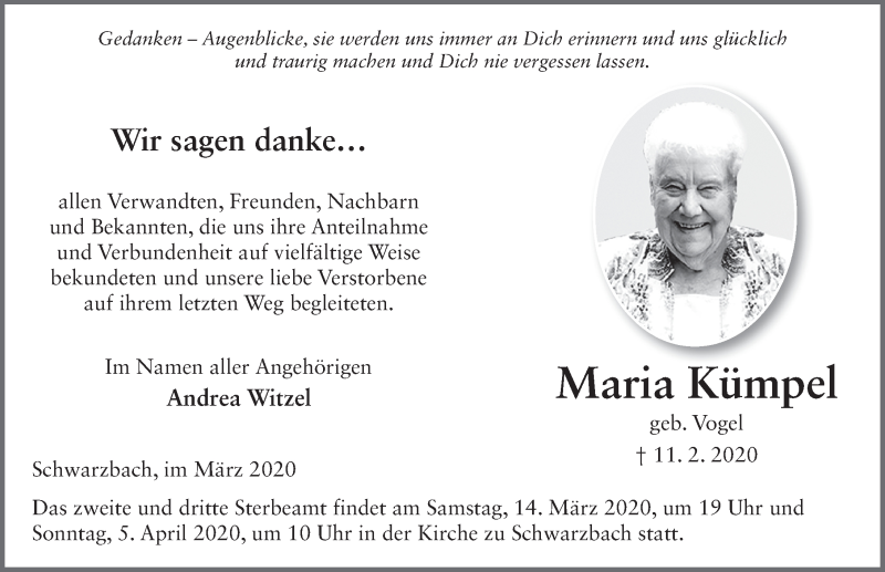  Traueranzeige für Maria Kümpel vom 07.03.2020 aus FZ